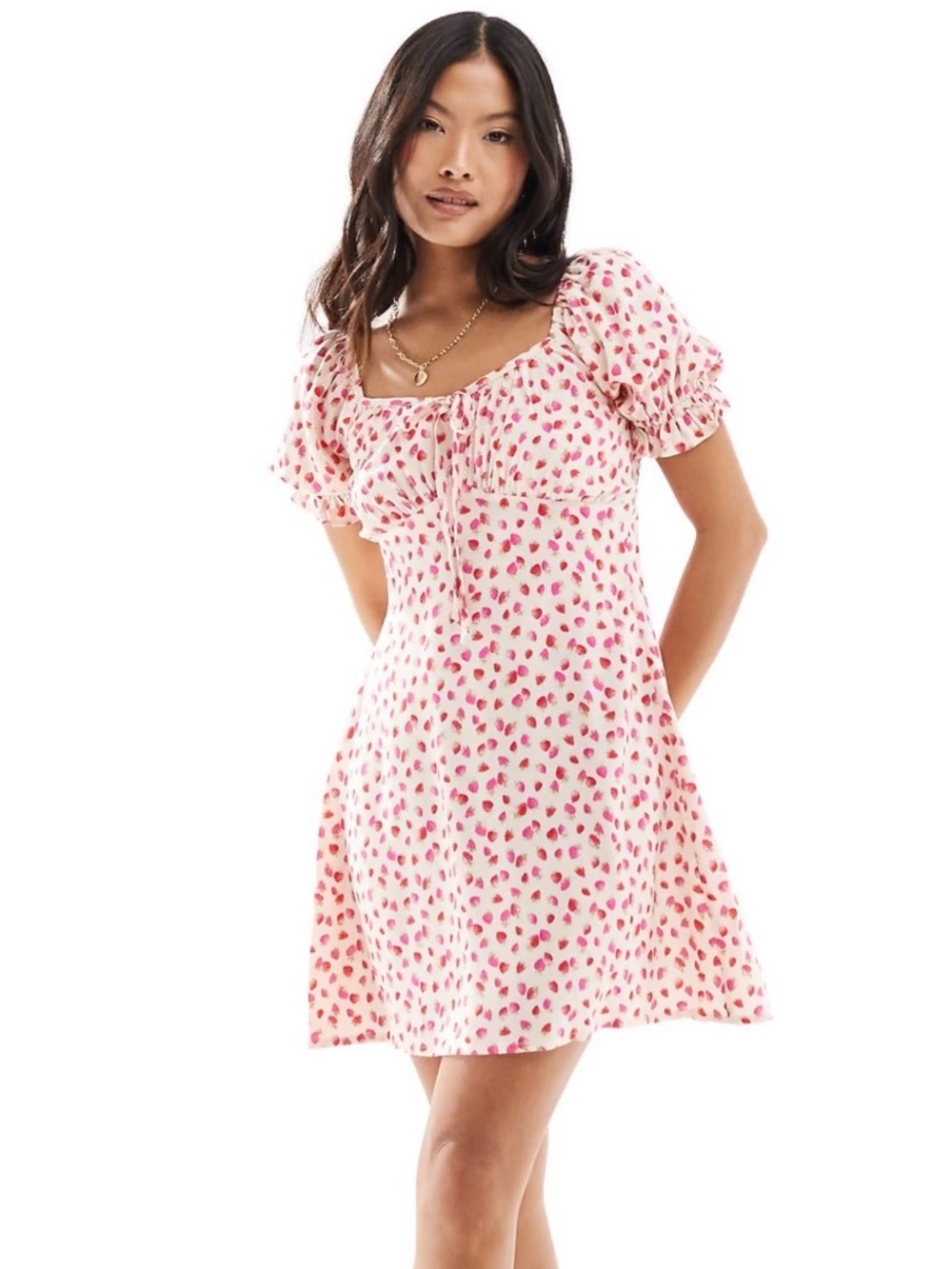 ASOS Miss Selfridge Babydoll Mini Dress with Pink & Red Strawberry Print Size 12